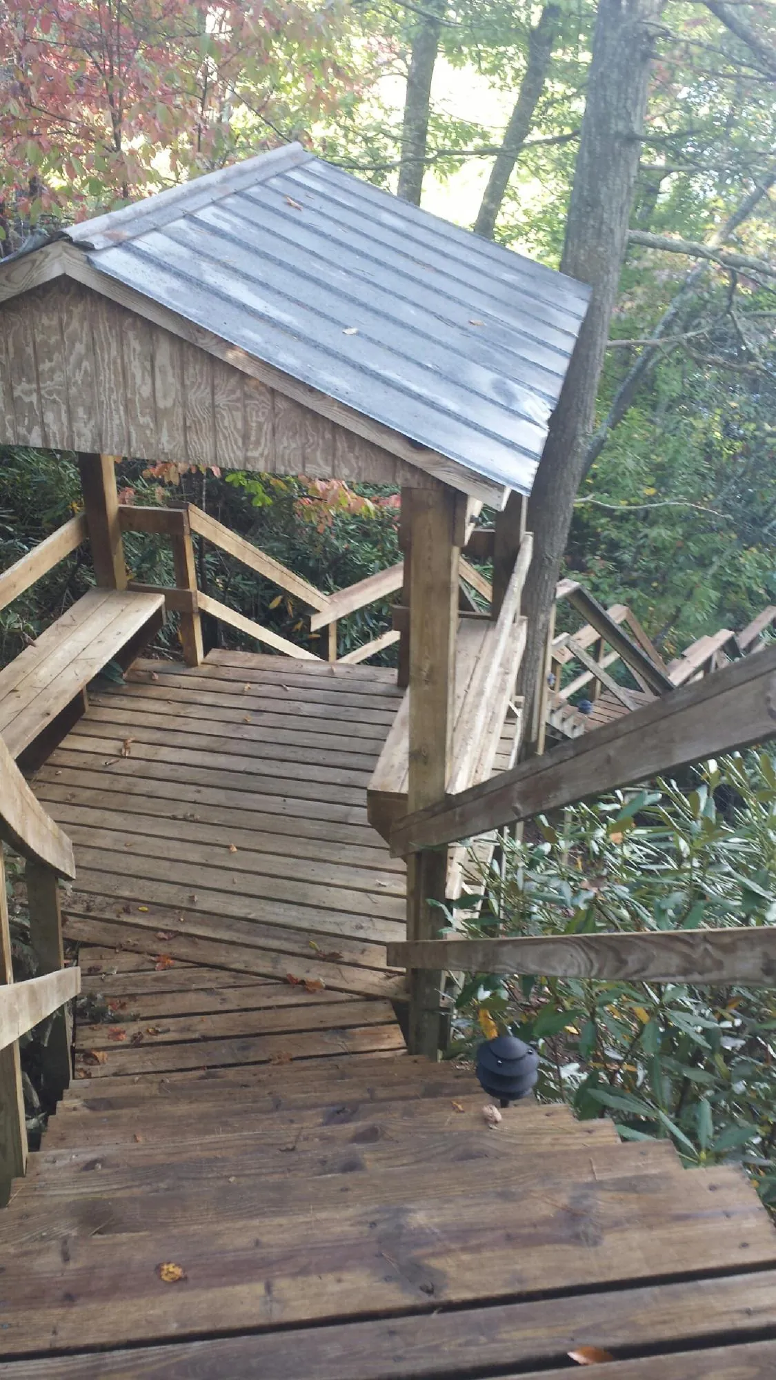 Metal roofed shelter over wooden steps on a wooded walkway — Skylight Repair & Installation work by our crew in Dandridge